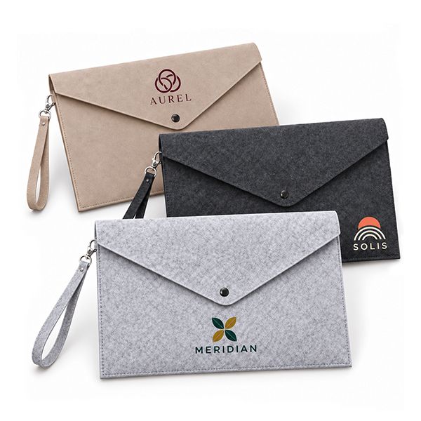 Three envelope style felt document folders in beige, dark grey and light grey, each with a wrist strap and a button closure, printed with a logo.