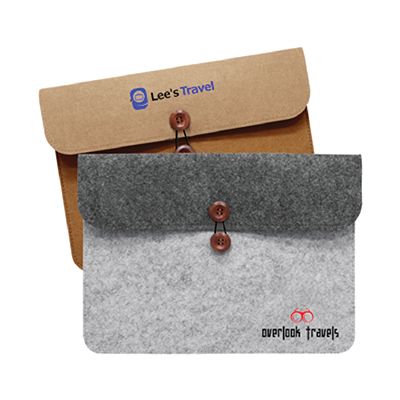 Tan and light grey felt sleeve pouches with envelope flaps closed by wooden buttons, each printed with a logo.
