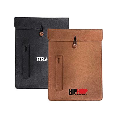 Two felt tablet and document sleeves in dark grey and tan, each closed with a button and string and fitted with an outer pen slot, printed with a logo.