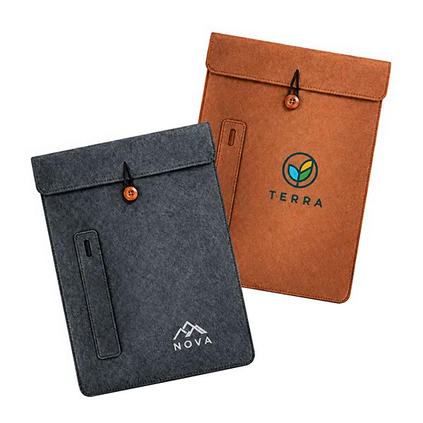 Two felt tablet and document sleeves in dark grey and tan, each closed with a button and string and fitted with an outer pen slot, printed with a logo.