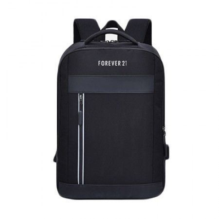 Single black backpack seen head-on with a wide reflective band, a long vertical zip below it and a logo printed at the top.