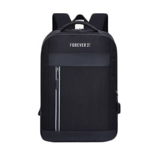 Single black backpack seen head-on with a wide reflective band, a long vertical zip below it and a logo printed at the top.