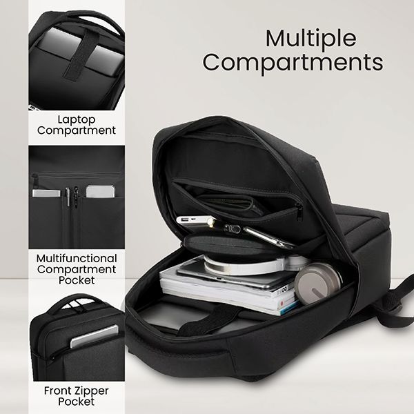 Open black WOLLY backpack showing the padded laptop compartment, the multifunctional compartment pocket and the front zipper pocket holding notebooks and gadgets