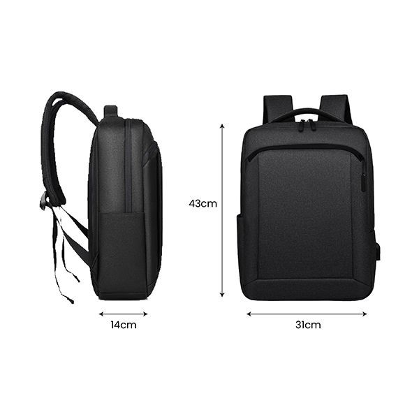 Dimension drawing of the black laptop backpack, 43cm tall, 31cm wide and 14cm deep