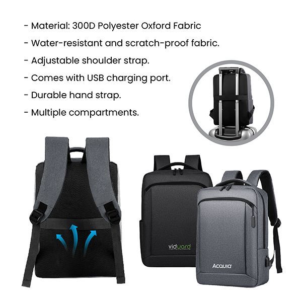 Feature sheet for the laptop backpack listing 300D polyester oxford fabric, water resistance, adjustable strap, USB port and hand strap, with grey and black backpacks