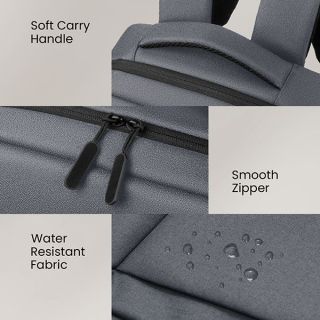 Close-up of the grey laptop backpack's soft carry handle, smooth zipper and water resistant fabric beaded with water droplets