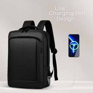 Black laptop backpack with a phone charging from the external USB charging port on its side