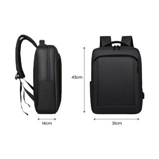 Dimension drawing of the black laptop backpack, 43cm tall, 31cm wide and 14cm deep