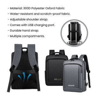 Feature sheet for the laptop backpack listing 300D polyester oxford fabric, water resistance, adjustable strap, USB port and hand strap, with grey and black backpacks
