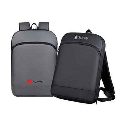 Grey slim backpack with a plain front panel and a top grab handle beside a black one, each printed with a sample logo