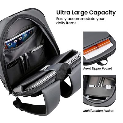SLIM backpack opened to show the padded laptop section, a zipped front pocket and a multifunction pocket holding pens, cables and a tablet