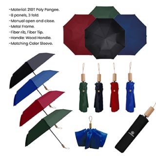 21'' 3 Fold Umbrella with Wooden Handle