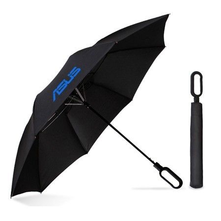 A black umbrella opened to show its fibre ribs and printed logo, with a carabiner handle and a matching sleeve beside it.