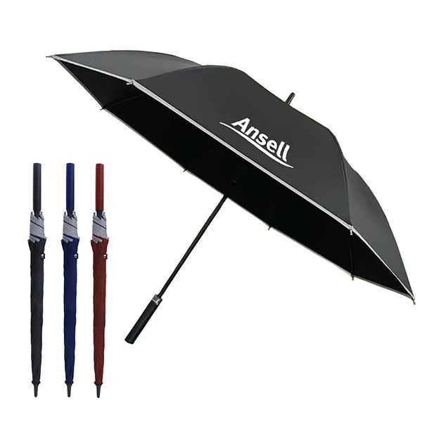 A black golf umbrella opened with a reflective strip along the hem and a printed logo, with three closed umbrellas beside it.