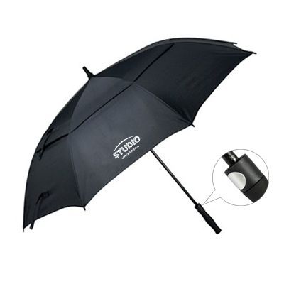 A large black golf umbrella opened and printed with a logo, with an inset close-up of its foam handle.
