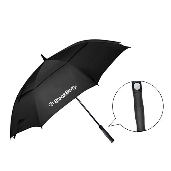Black golf umbrella shown open and printed with a logo, with an inset close-up of its straight handle and push button.