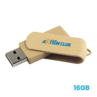 Natural beige eco 360 swivel USB flash drive with the metal connector swung out, the body printed with a logo, marked 16GB.