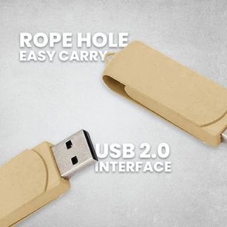 Close view of the beige drive's rope hole and silver connector, captioned ROPE HOLE EASY CARRY and USB 2.0 INTERFACE