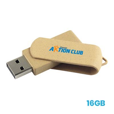 Natural beige eco 360 swivel USB flash drive with the metal connector swung out, the body printed with a logo, marked 16GB.