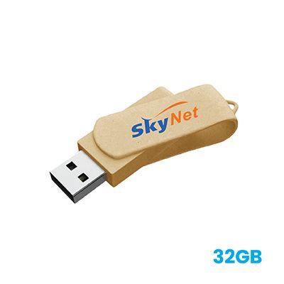 Eco material 360 swivel USB flash drive in natural beige lying flat with the connector pushed out, printed with a logo, marked 32GB.