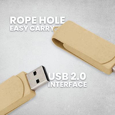 Close view of the beige drive's rope hole and silver connector, captioned ROPE HOLE EASY CARRY and USB 2.0 INTERFACE
