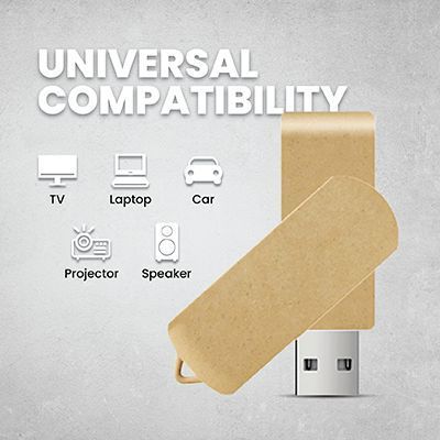 Beige swivel drive with icons for TV, Laptop, Car, Projector and Speaker under the words UNIVERSAL COMPATIBILITY