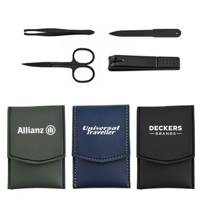 Black tweezers, nail file, scissors and clipper laid out above three PU pouches in green, navy and black, each printed with a logo.