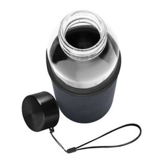 Open glass bottle in a zipped grey sleeve with its black cap and wrist strap laid alongside