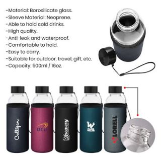 Five sleeved bottles printed with a logo under a list including Borosilicate glass, Neoprene sleeve and Capacity: 500ml / 16oz