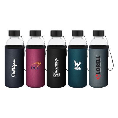 Five glass bottles in neoprene sleeves - black, maroon, dark grey, teal and grey - each with a wrist strap and a printed logo.