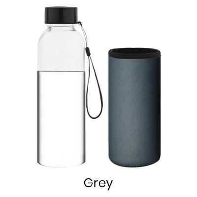 Glass bottle next to a grey neoprene sleeve, labelled Grey