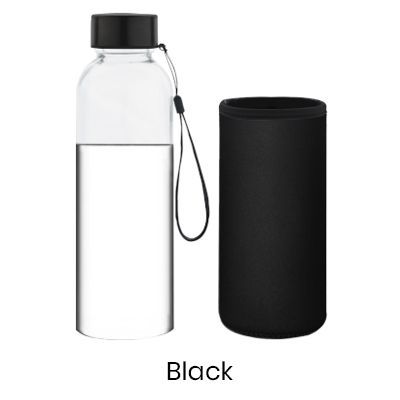 Glass bottle beside a black neoprene sleeve, labelled Black