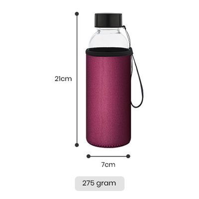 Glass bottle in a red sleeve measured 21cm tall and 7cm wide, marked 275 gram