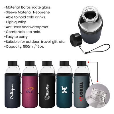 Five sleeved bottles printed with a logo under a list including Borosilicate glass, Neoprene sleeve and Capacity: 500ml / 16oz