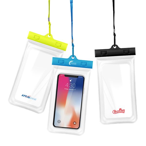 Three clear waterproof phone pouches on lanyards with yellow, blue and black seal clips, one holding a phone with the screen visible.