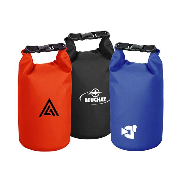 Three roll-top dry bags in orange, black and blue closed with buckles and fitted with shoulder straps, each printed with a logo.