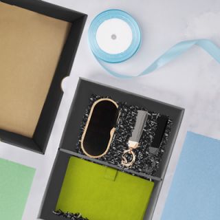 Black Gift Box 2 Compartment with Shredded Paper - M Size