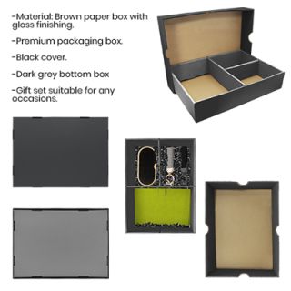 Black Gift Box 3 Compartment with Shredded Paper - M Size