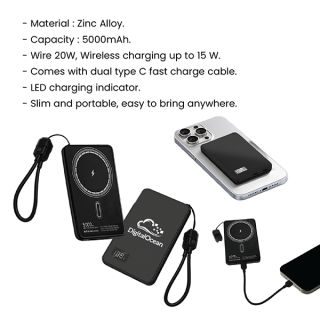 CABLE Magnetic 15W Wireless LED Power Bank Type C Strap - 5000mAh