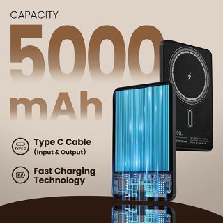 CABLE Magnetic 15W Wireless LED Power Bank Type C Strap - 5000mAh