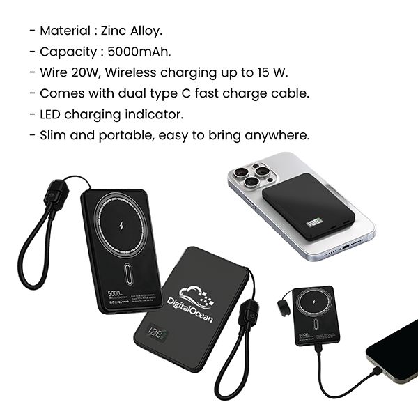 CABLE Magnetic 15W Wireless LED Power Bank Type C Strap - 5000mAh