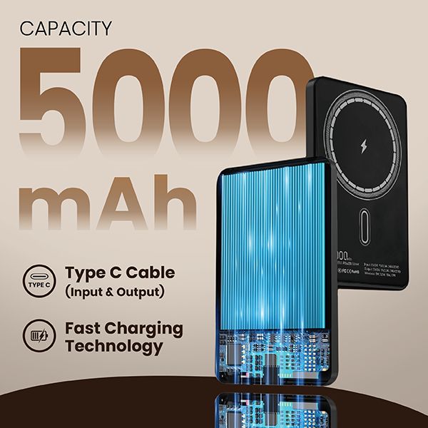 CABLE Magnetic 15W Wireless LED Power Bank Type C Strap - 5000mAh
