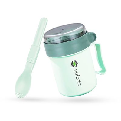 A mint green soup cup with a side handle and steel-look lid, printed with a logo, shown with its matching foldable spoon.