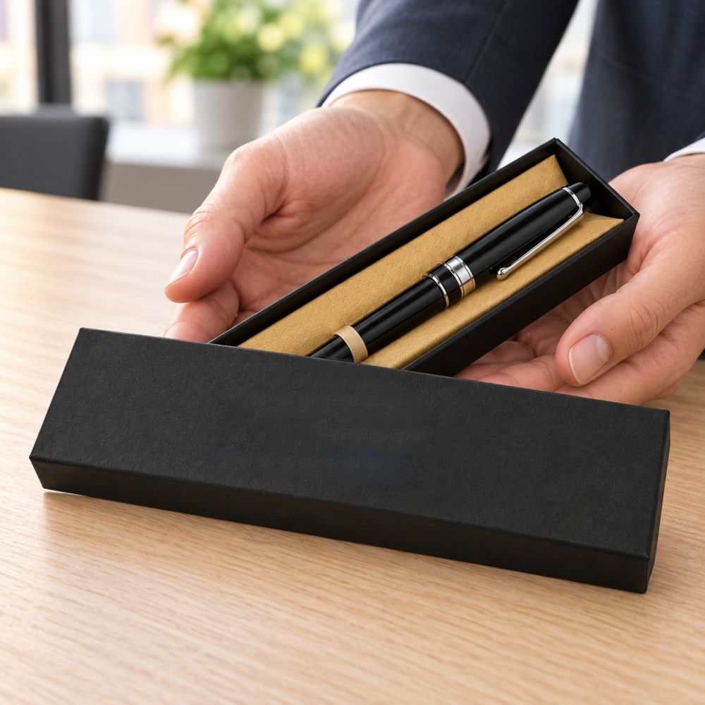 Hands opening a CLASSIC pen box on a wooden desk to show a black pen resting in the gold-beige insert