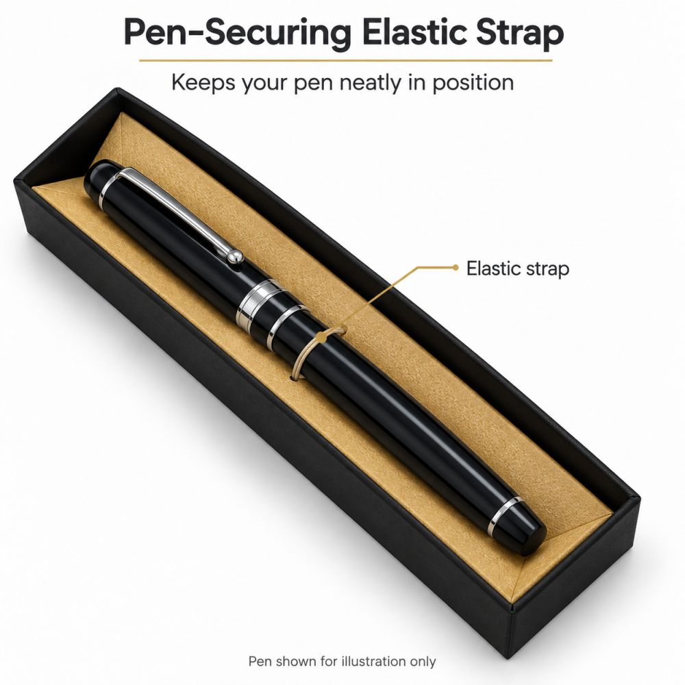 A black pen held in place by a strap across the gold-beige insert of the CLASSIC pen box