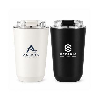 Cream and black tapered travel tumblers with clear flip lids, each printed with a logo.