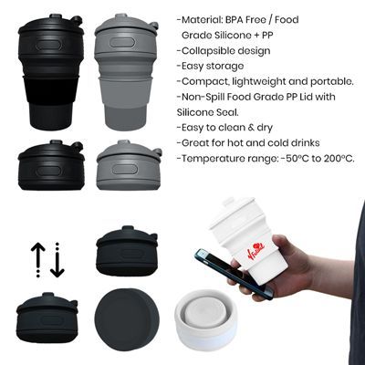Black, grey and white collapsible cups open and folded beside a list reading BPA Free / Food Grade Silicone + PP and Temperature range: -50°C to 200°C