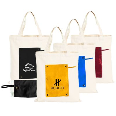 Natural canvas foldable tote bags with contrast fold-away pouch panels in black, yellow, blue and maroon, each printed with a logo.