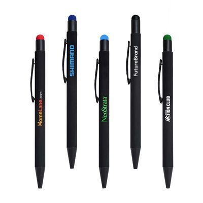 Five black click pens standing in a row, each capped with a stylus tip in red, dark blue, light blue, black or green, printed with a logo.