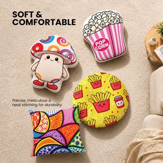 Soft custom shaped cushions printed with popcorn, fruit and cartoon designs